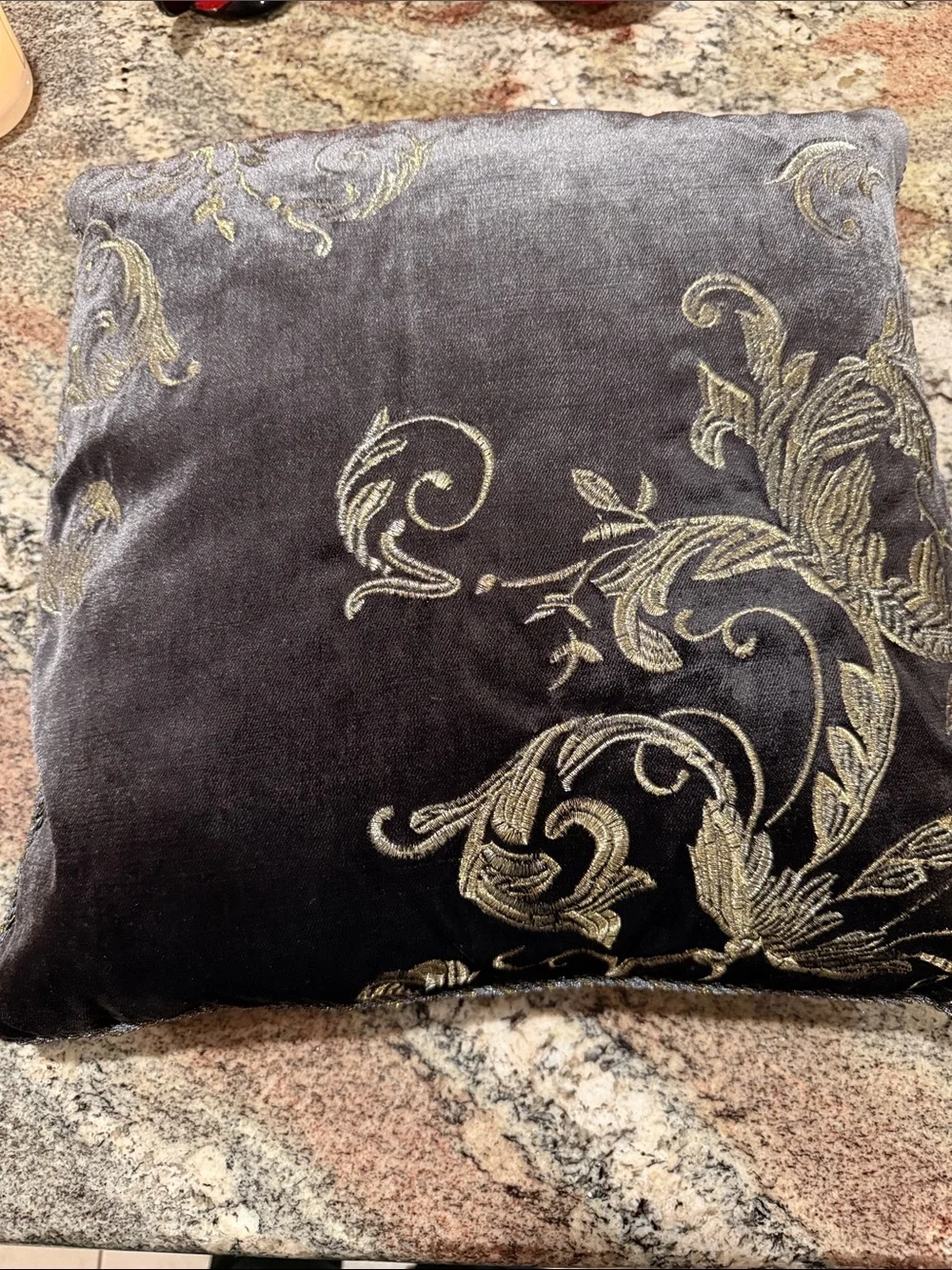 Decorative Velvet Throw Pillow with Gold Embroidered Scrolls - Gray